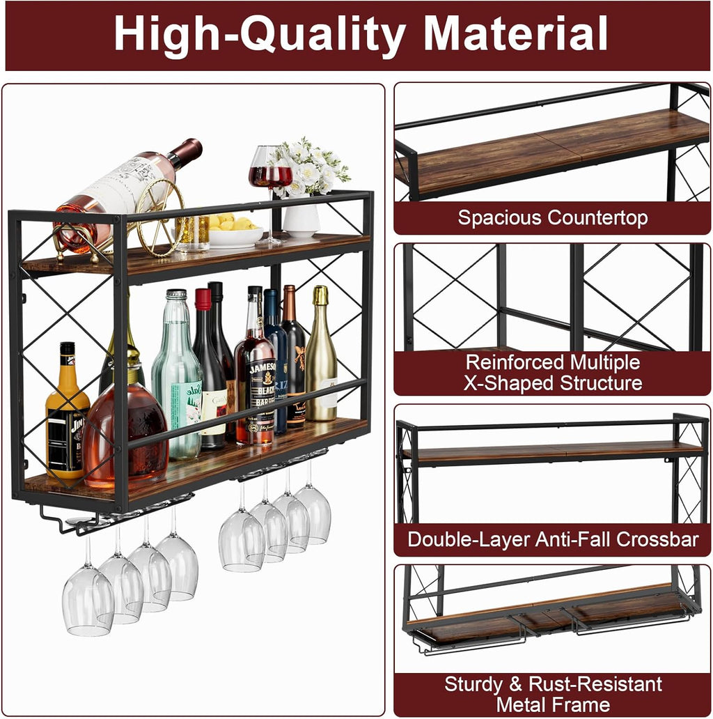Wine Rack Wall Mounted 2 Tier Wall Wine Rack with Glass Holder, Double Layer Anti-Drop Crossbar, 31.5" Metal Wood Wall Mount Wine Holder for Home Kitchen Dining Room Coffee Shop Bar, Black