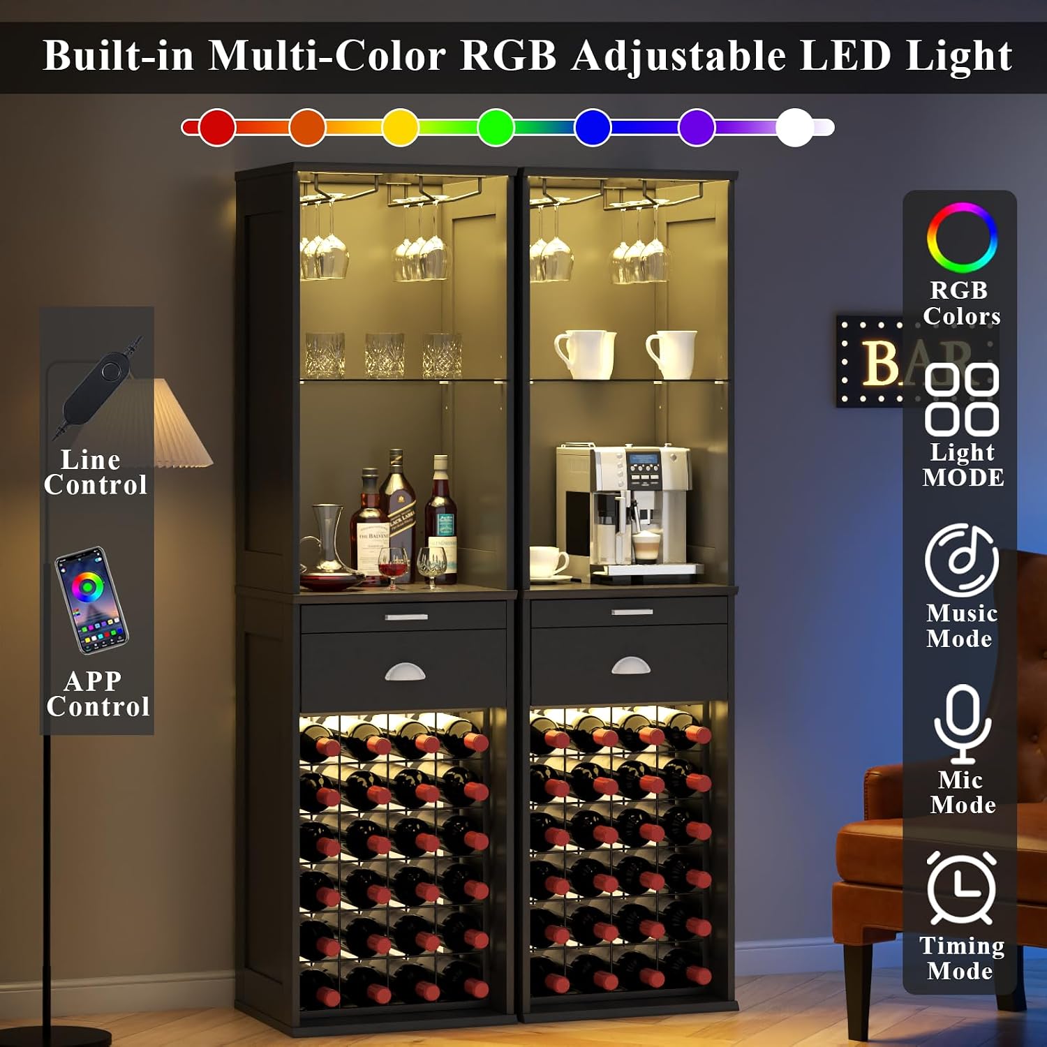 Loomie Wine Bar Cabinet with LED Lights, 65'' Tall Coffee Bar with 24 Wine Rack & Glass Holder, Freestanding Liquor Cabinet with Tray & Drawer & Adjustable Shelf (Black)