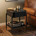 Smart End Table with Charging Station, Bluetooth Speaker Nightstand with Wireless Charging, RGB LED Lights, USB & Type-C Ports, Rectangular Glass Top Side Table for Living Room Bedroom, Black