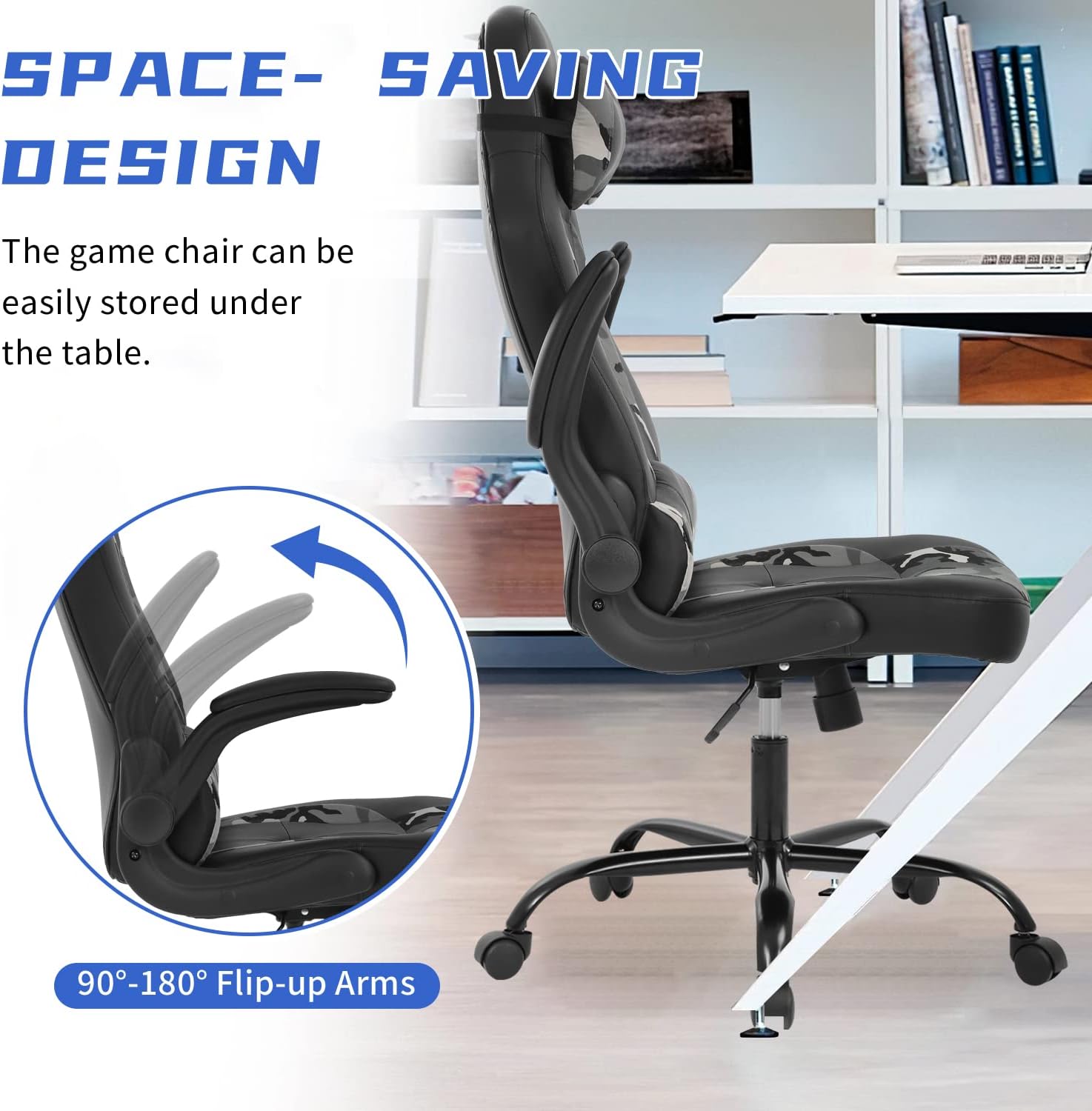 BLKMTY PC Gaming Ergonomic Computer Chair - Adjustable Office Swivel Video Game Racing Chair with Lumbar Support and Headrest - High Back Executive for Adults, Camo