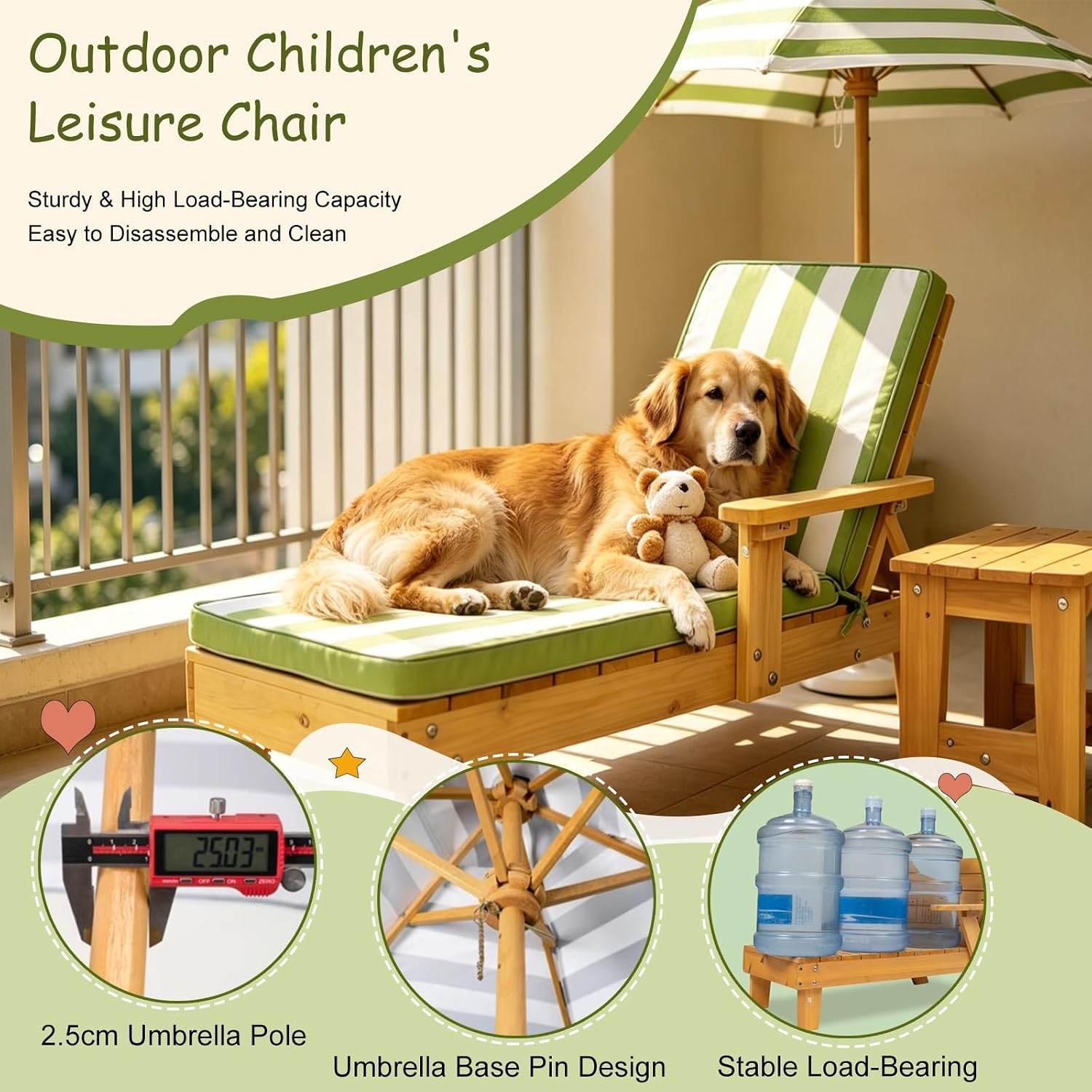 Kids Lounge Chair Outdoor, Toddler Wood Double Pool Lounger Chairs w/Canopy, Removable Stripped Fabric Cushions, Shaded Comfort for Kids Room or Patio Lounge Use(Green)