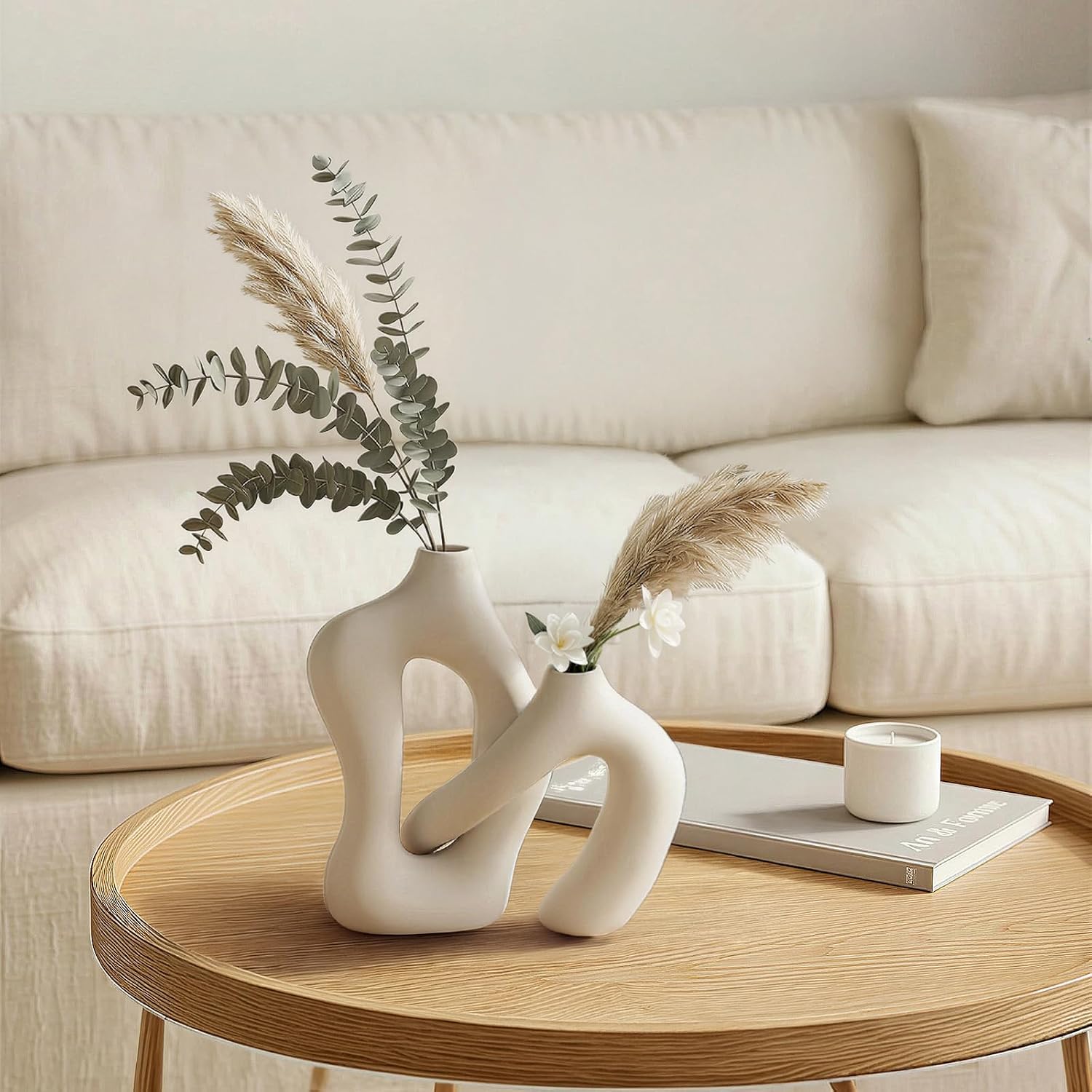 Dowan White Vases for Decor,Hollow Ceramic Vase Set of 2,7.6" Nordic Modern Boho ins Style Decorative Ceramic Aesthetic Flower Vase for Home Decor Modern Minimalist Table, Entryway Centerpieces