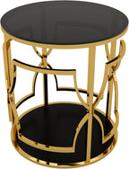 Merax 19.7" Round Gold Metal Side Table with Tempered Glass Top & 2-Tier Storage Shelf, Modern Coffee Table Glam End Table for Living Room, Bedroom, Sofa Side, Small Space, Black