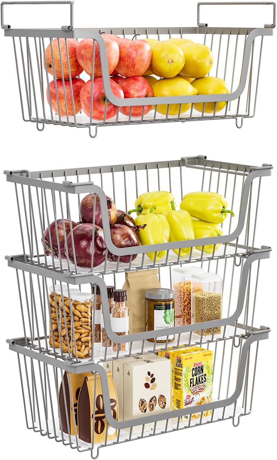 4 Pack Stackable Wire Baskets with Handles for Pantry Organizers and Storage, Fruit and Vegetable wire storage baskets, Potato and Onion Storage Bin, Metal Baskets for Organizing Snacks, Cans (Gray)