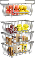4 Pack Stackable Wire Baskets with Handles for Pantry Organizers and Storage, Fruit and Vegetable wire storage baskets, Potato and Onion Storage Bin, Metal Baskets for Organizing Snacks, Cans (Gray)