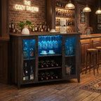 GarveeHome Wine Bar Cabinet with LED Light, Home Coffee Cabinet with Wine and Glass Rack, Kitchen Buffet Sideboard with Storage, Liquor Cabinet for Bar, Dining Room, Kitchen, Oak