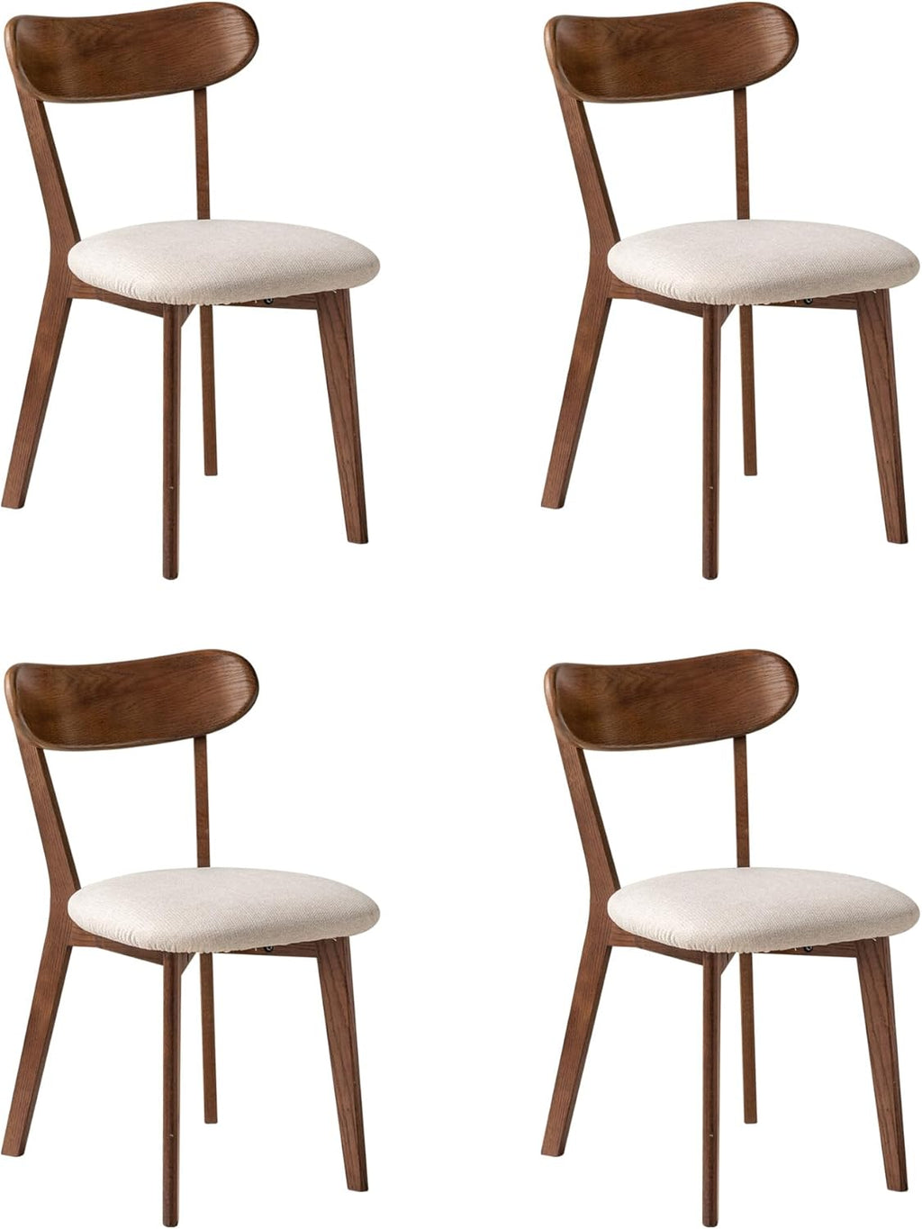 100% Solid Oak Dining Chairs, Mid Century Modern Dining Chair with Curved Backrest, Fabric Upholstered Dining Chairs for Kitchen, Study, Living Room (4, Walnut Wood-Beige Cushion)