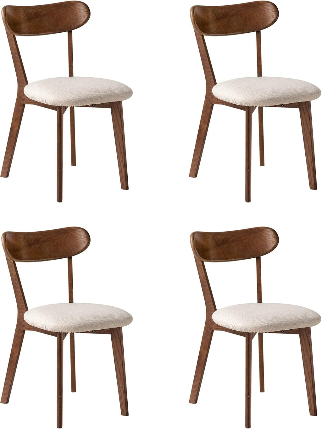 100% Solid Oak Dining Chairs, Mid Century Modern Dining Chair with Curved Backrest, Fabric Upholstered Dining Chairs for Kitchen, Study, Living Room (4, Walnut Wood-Beige Cushion)