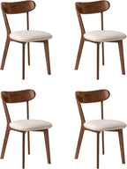 100% Solid Oak Dining Chairs, Mid Century Modern Dining Chair with Curved Backrest, Fabric Upholstered Dining Chairs for Kitchen, Study, Living Room (4, Walnut Wood-Beige Cushion)