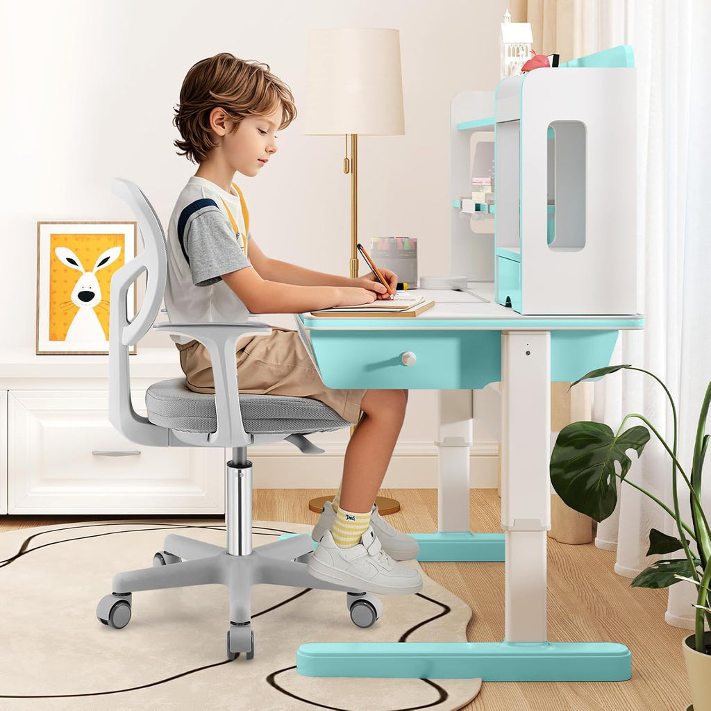 Giantex Kids Desk Chair, Ergonomic Adjustable Teen Task Chair w/Y-Shaped Lumbar Support, Armrest & Universal Wheels, Mesh Kid Office Chair for Sturdy, Kids Computer Chair for Boys & Girls 4-12, Grey