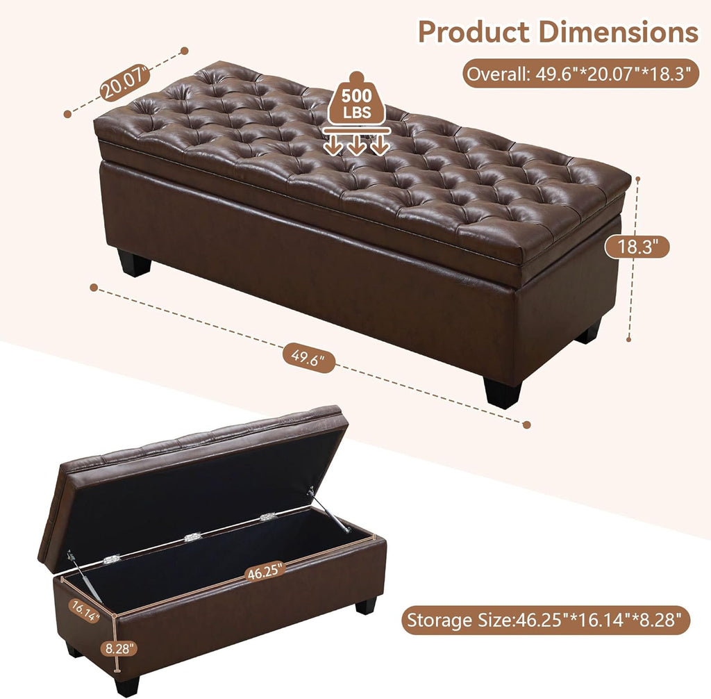 WUTUTUEE 50" Faux Leather Storage Ottoman Bench, Upholstered Rectangle Storage Ottoman End of Bed Tufted Living Room Bedroom Bench with Safety Hinge, Solid Wood Legs, Loads 500 lb(Dark Rrown)