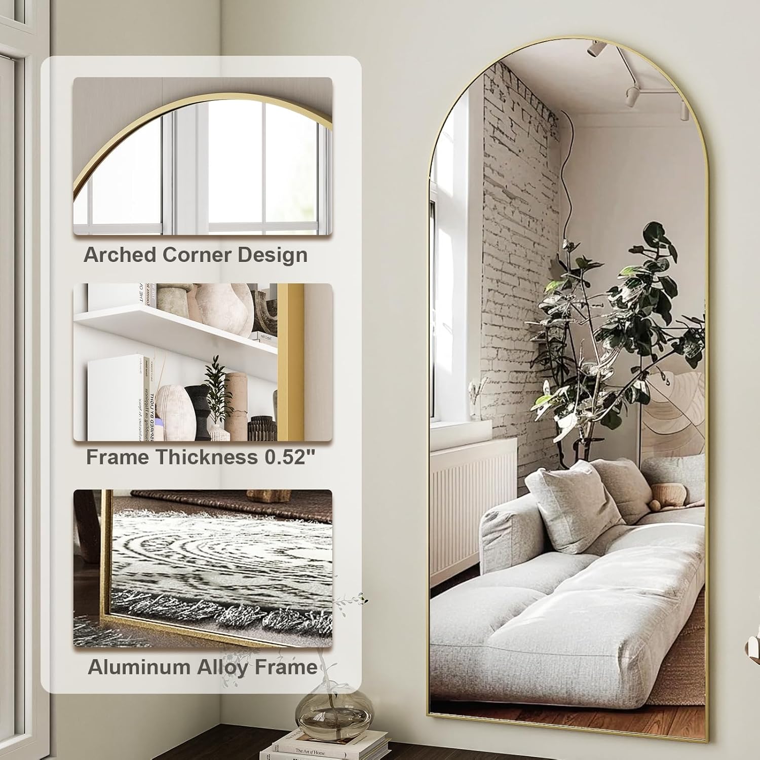 HARRITPURE 64"x21" Arched Full Length Mirror Free Standing Leaning Hanging Mounted Mirror Aluminum Frame Modern Simple Home Decor for Living Room Bedroom Cloakroom, Gold