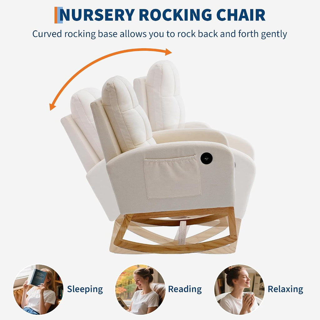 Modern Nursery Rocking Recliner with USB Charging, Upholstered Mid-Century Glider Chair with High Back, Side Pocket & Sturdy Wood Legs for Nursing Room, Bedroom, Living Room, Linen Beige