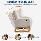 Modern Nursery Rocking Recliner with USB Charging, Upholstered Mid-Century Glider Chair with High Back, Side Pocket & Sturdy Wood Legs for Nursing Room, Bedroom, Living Room, Linen Beige