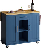 SUNLEI Rolling Kitchen Island Cart with Wheels, Island Table for Kitchen, Farmhouse Kitchen Cart with Drop Leaf & Towel Rack & Drawer, Kitchen Islands Table with Storage Cabinet, Blue