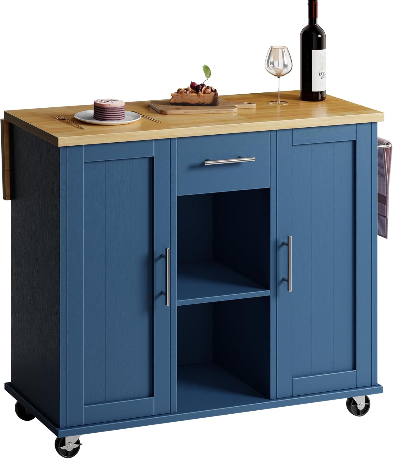 SUNLEI Rolling Kitchen Island Cart with Wheels, Island Table for Kitchen, Farmhouse Kitchen Cart with Drop Leaf & Towel Rack & Drawer, Kitchen Islands Table with Storage Cabinet, Blue