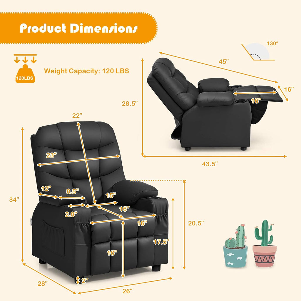 MAT EXPERT Kids Recliner, Leather Adjustable Reading Gaming Chair w/ 2 Cup Holder, 3 Side Pocket Storage & Footrest, Kids Couch Toddler Lounge Chair for Boys Girls, Kids Room Playroom Nursery (Black)