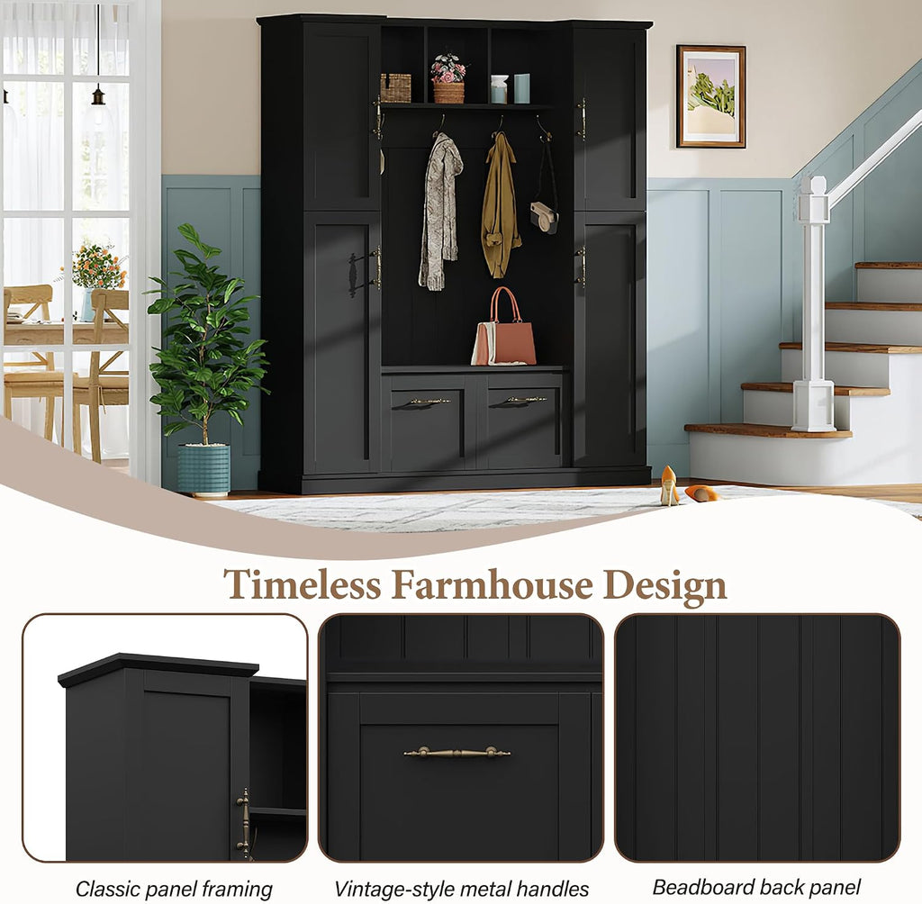 JIVOIT Farmhouse Hall Tree with 4 Side Cabinets, Adjustable Shelves & Open Cubbies, All-in-One Mudroom Furniture, Beadboard Entryway Bench with Coat Rack & 5 Hooks for Hallway (Black,152)