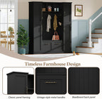 JIVOIT Farmhouse Hall Tree with 4 Side Cabinets, Adjustable Shelves & Open Cubbies, All-in-One Mudroom Furniture, Beadboard Entryway Bench with Coat Rack & 5 Hooks for Hallway (Black,152)