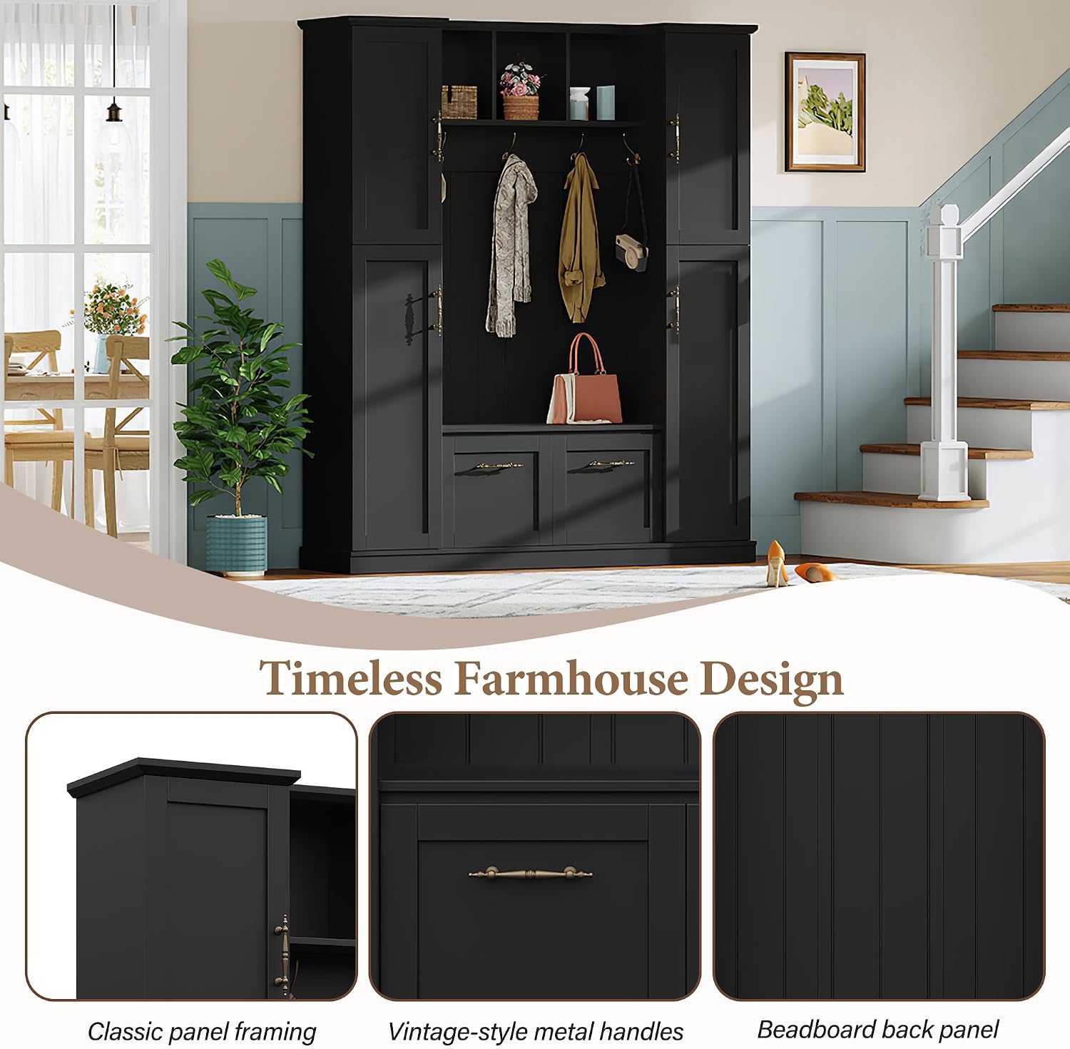 JIVOIT Farmhouse Hall Tree with 4 Side Cabinets, Adjustable Shelves & Open Cubbies, All-in-One Mudroom Furniture, Beadboard Entryway Bench with Coat Rack & 5 Hooks for Hallway (Black,152)
