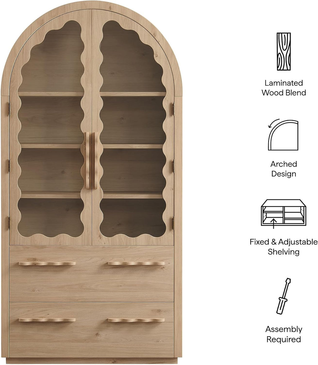 Modway Rory 76 Inch Arched Kitchen Pantry Cabinet with Glass Doors in Light Oak - Vintage Retro Accent Display Stand for Dining Room, Living Room, Hallway
