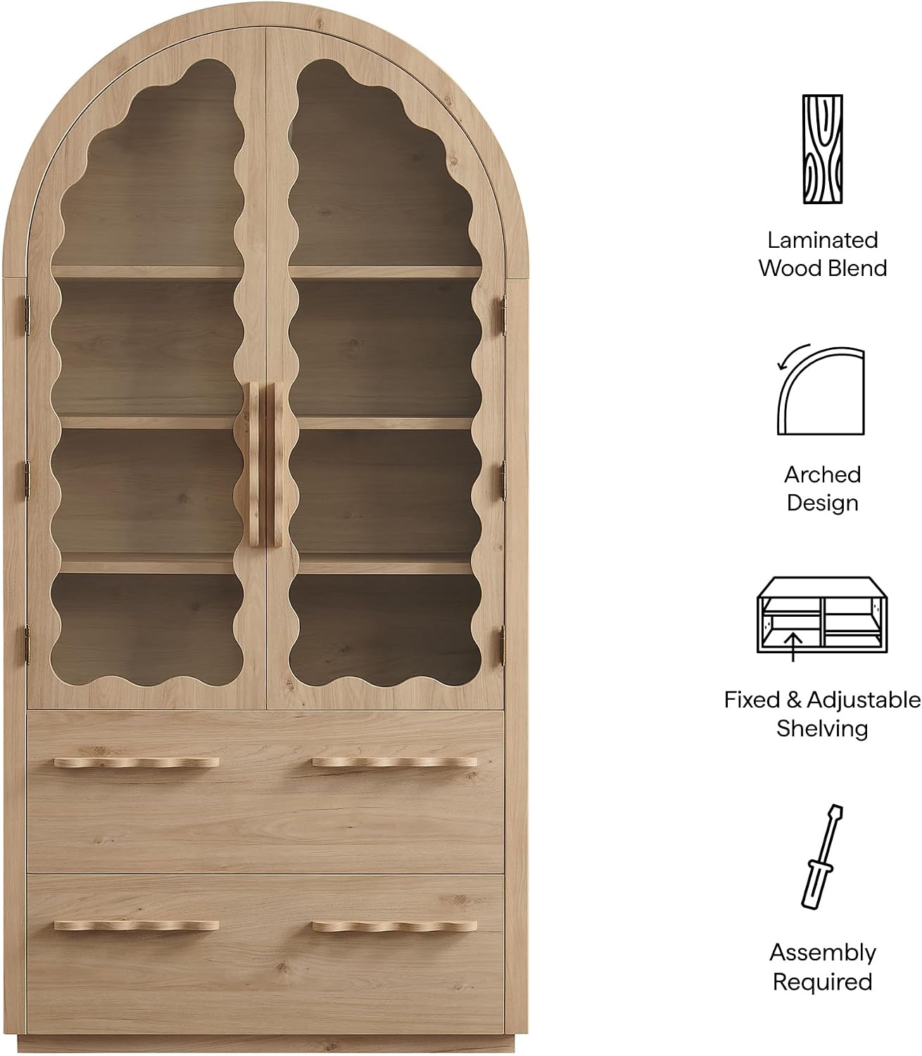 Modway Rory 76 Inch Arched Kitchen Pantry Cabinet with Glass Doors in Light Oak - Vintage Retro Accent Display Stand for Dining Room, Living Room, Hallway