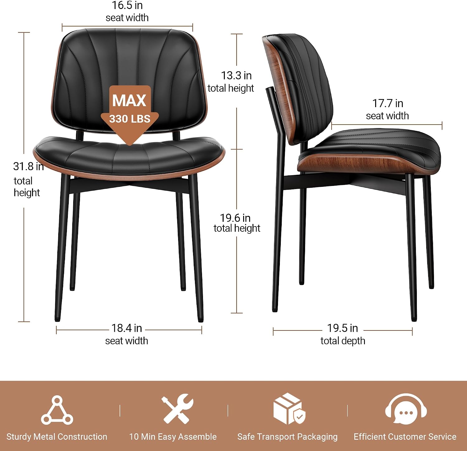 REONEY Dining Chairs Set of 2, Mid-Century Modern Upholstered PU Leather Chairs with Walnut Bentwood Back and Metal Legs Adjustable Feet for Kitchen, Black Shell Strips
