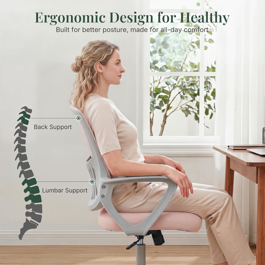 Home Office Desk Chair, Ergonomic Mid-Back Mesh Computer Chair with Comfortable Lumbar Support, Height Adjustable Swivel Task Chair with Fixed Armrest for Adults, Student, Pink