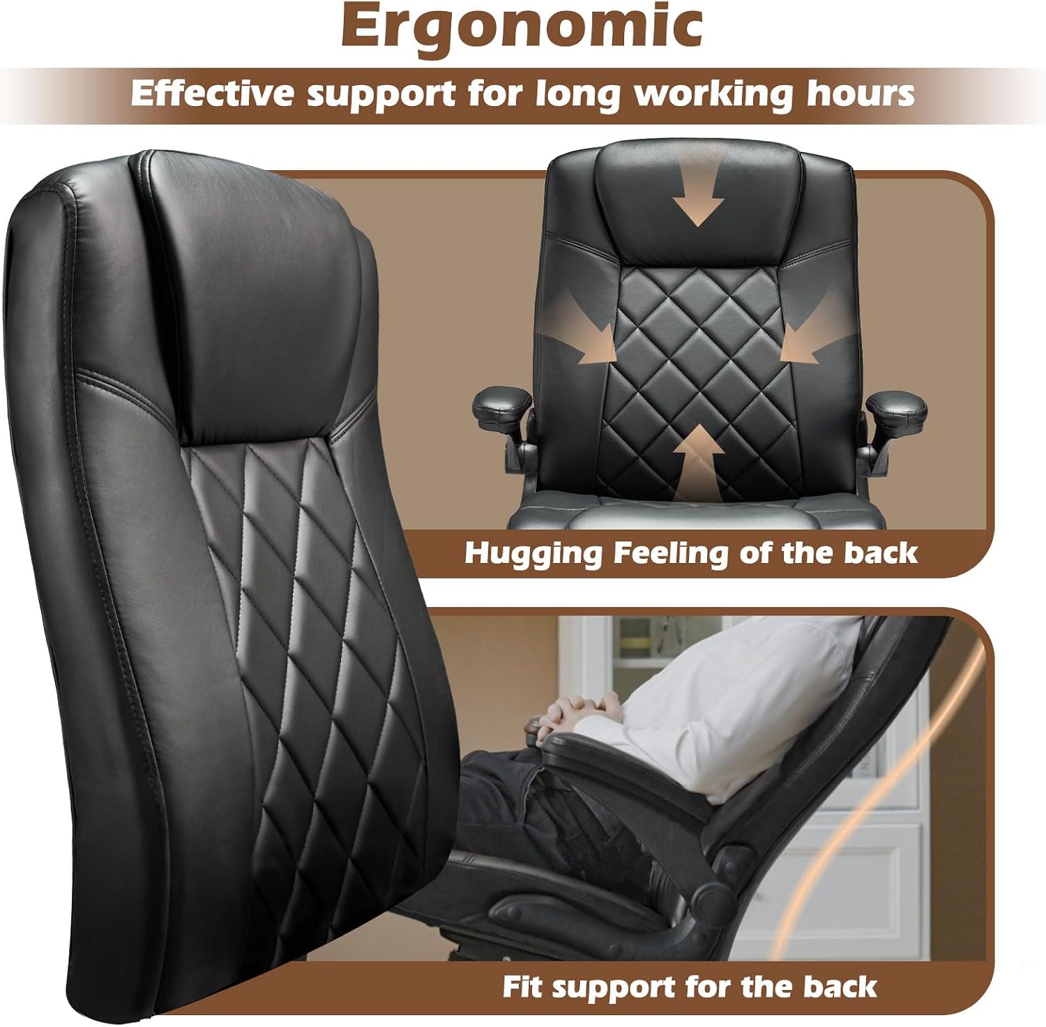 ZZW Executive Office Chair w/Flip-Up Arms Managerial Home Desk Chair w/Lumbar Support Adjustable PU Leather Ergonomic Computer Chair