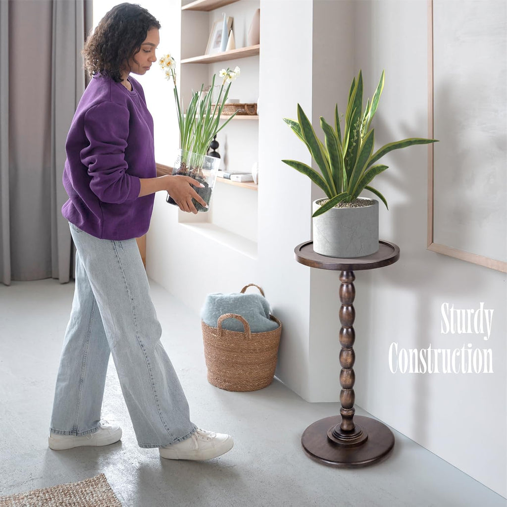 Solid Wood Round Pedestal Side Table with Tray-Top Rim – Bobbin Turned Accent End Table for Living Room, Bedroom – Compact Small Round Drink Table with Stable Base, Nightstand with Table Solid Wood