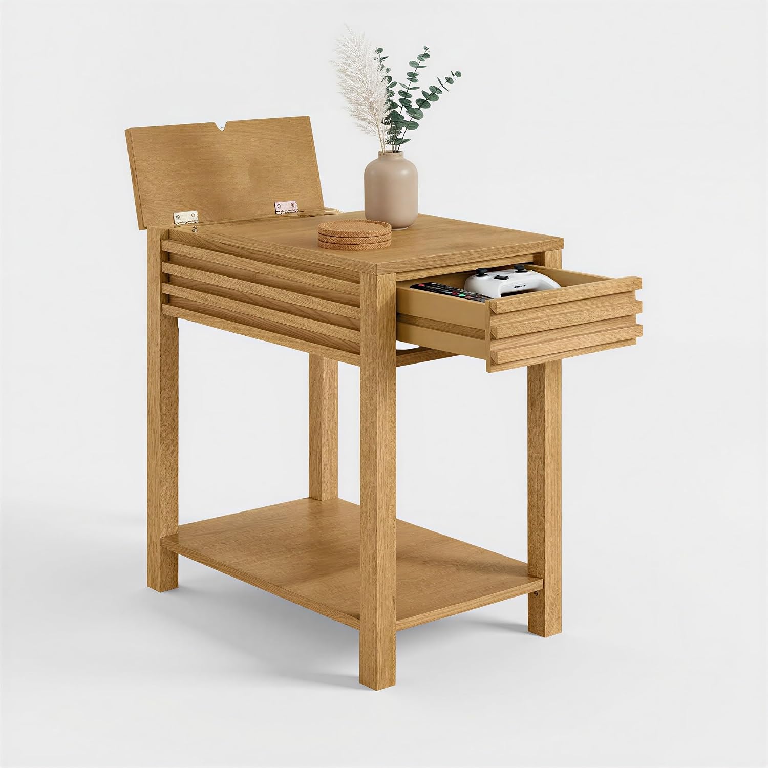 Martin Svensson Home Julian Genuine Oak Chairside Table, 27 Inch, Mid Century Modern End Table with Charging Station, USB & USB-C, Drawer, Lower Shelf, Adjustable Leveling Feet, Light Oak Natural