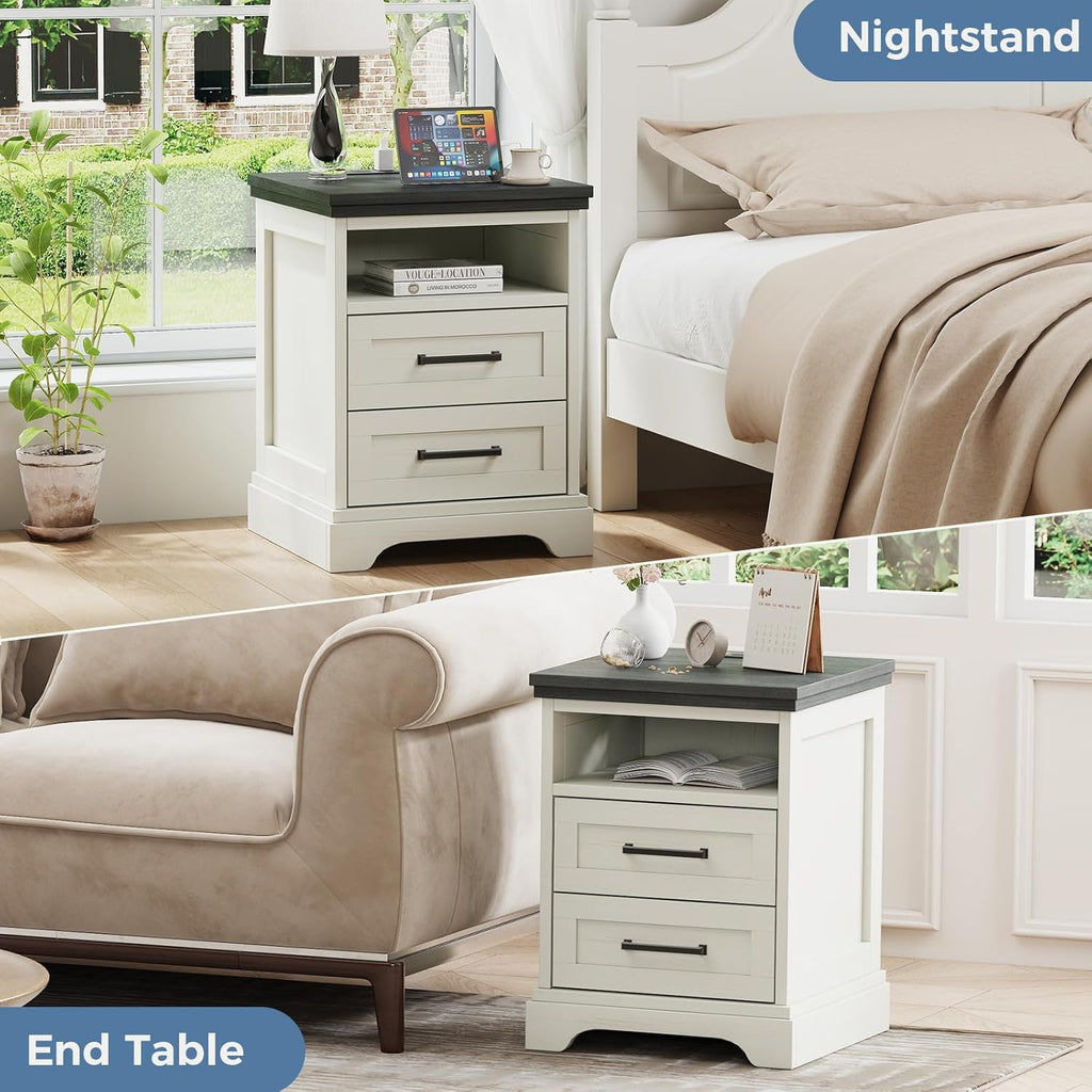 DUMOS Farmhouse Nightstand with Charging Station & USB Ports, Wood Bedside Table with 2 Spacious Storage Drawers and Open Shelf, Minimalist Modern End Table for Bedroom, White