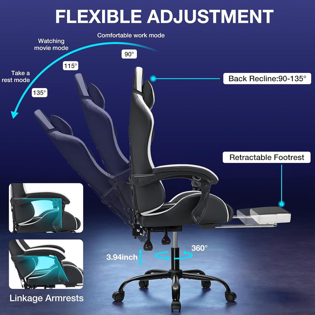 RGB Gaming Chair with LED Lights Massage Computer Chair Ergonomic High Back Video Game Chair with Footrest and Adjustable Lumbar Support Gamer Chairs with Linkage Armrest White and Black