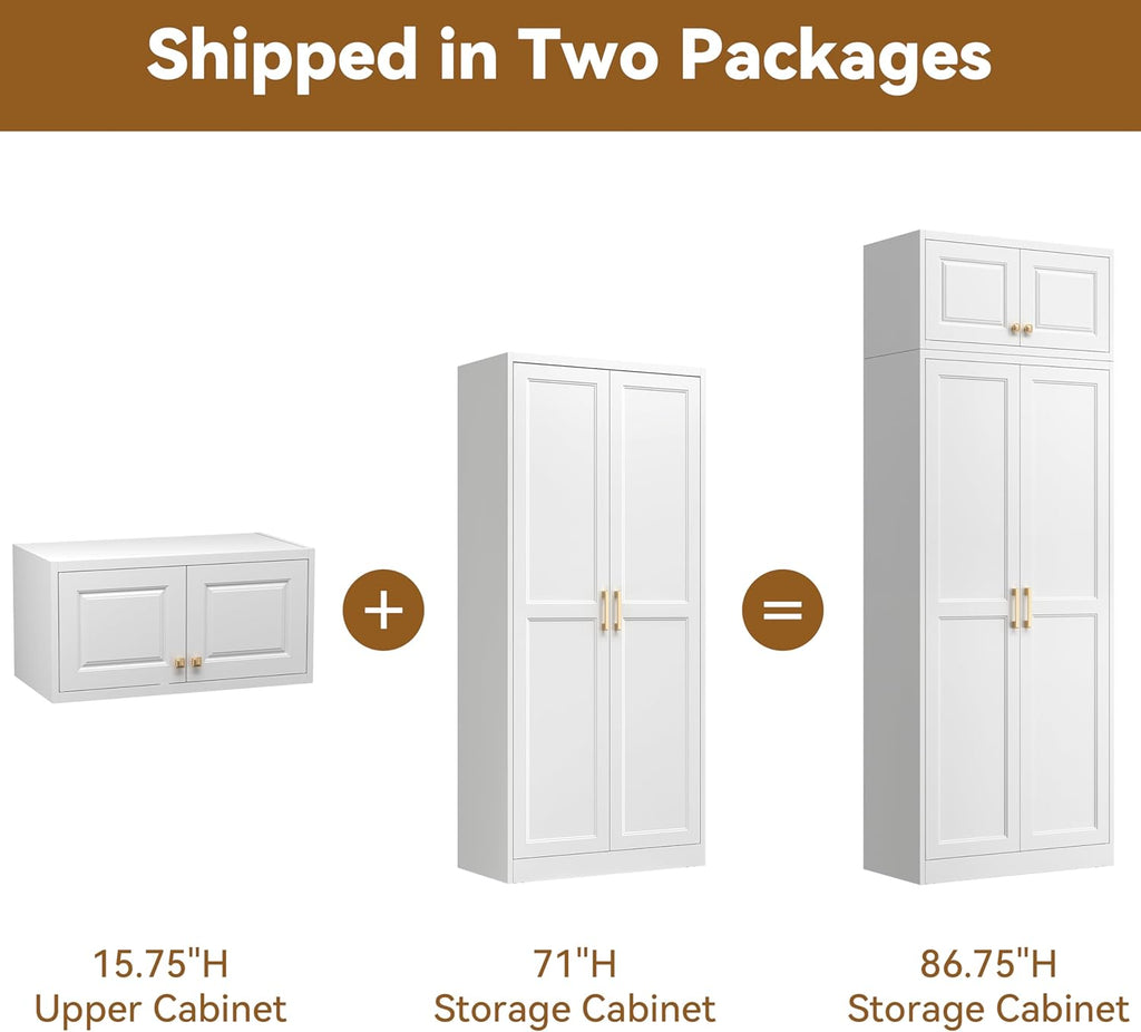 Polup Kitchen Pantry Cabinet, 86 Inch Tall Metal Storage Cabinet, Food Pantry cabinets with Doors and Shelves, White Storage Cabinets for Living Room, Dining, Office, Bathroom, Assembly Required
