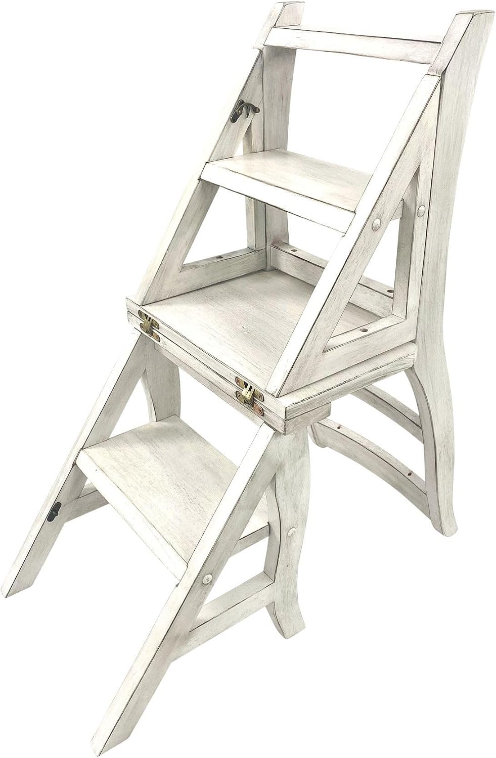 Carolina Chair & Table Antique Folding Library Ladder Chair - Convertible 2-in-1 Chair, Foldable Ladder Seat with Storage Shelf - Multifunctional Furniture for Bedroom, Dining (Antique White)