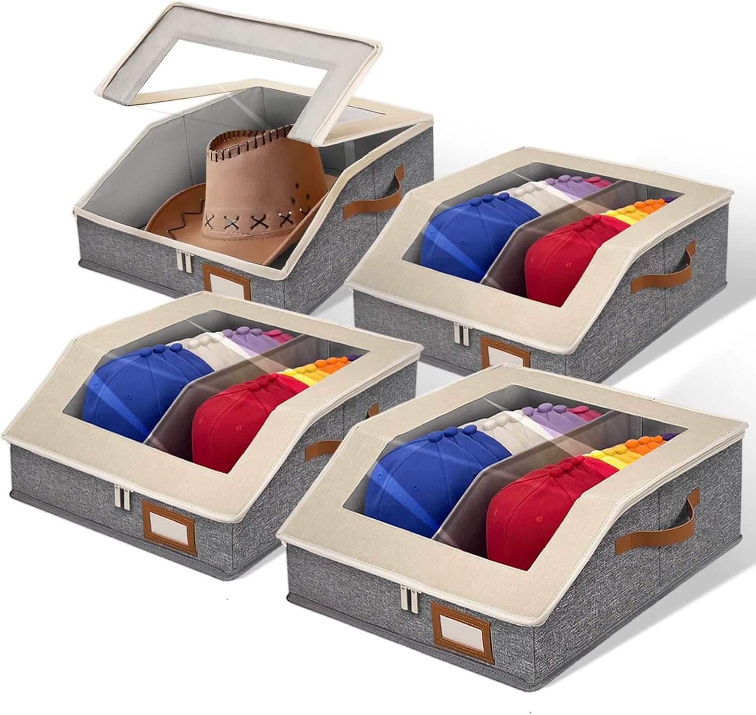 2-in-1 Hat Organizer for Baseball Caps Holds 96-120 Caps Hat Storage with Adjustable Divider Stackable Hats Holder for Closet with Clear lid Cowboy Hat Box for Men Women 4 PCS Beige and Grey