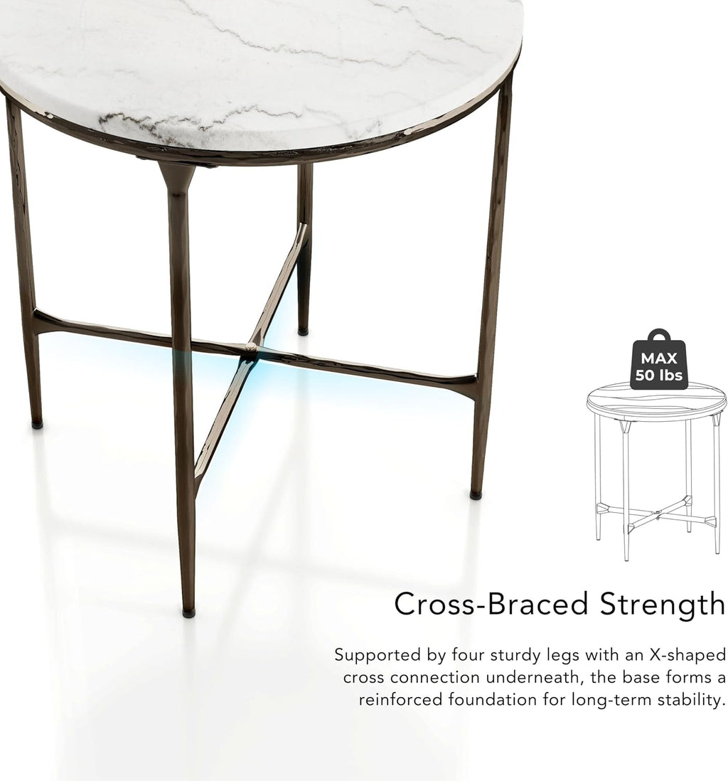 24/7 Shop at Home Aureum Modern 22-inch Round Marble Top End Table with X-Brace, Hammered Dark Bronze Metal Frame for Living Room, Office, White