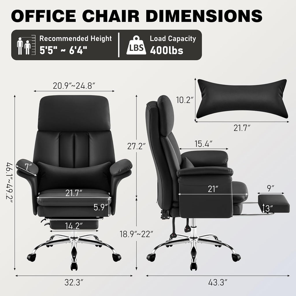 Leather Home Office Chair with Footrest 400lbs, High Back Rolling Desk Chair with Lumbar Support Soft Armrests, Excutive Office Chairs with Wheels Height Adjustable Rocking Swivel Functions,Black