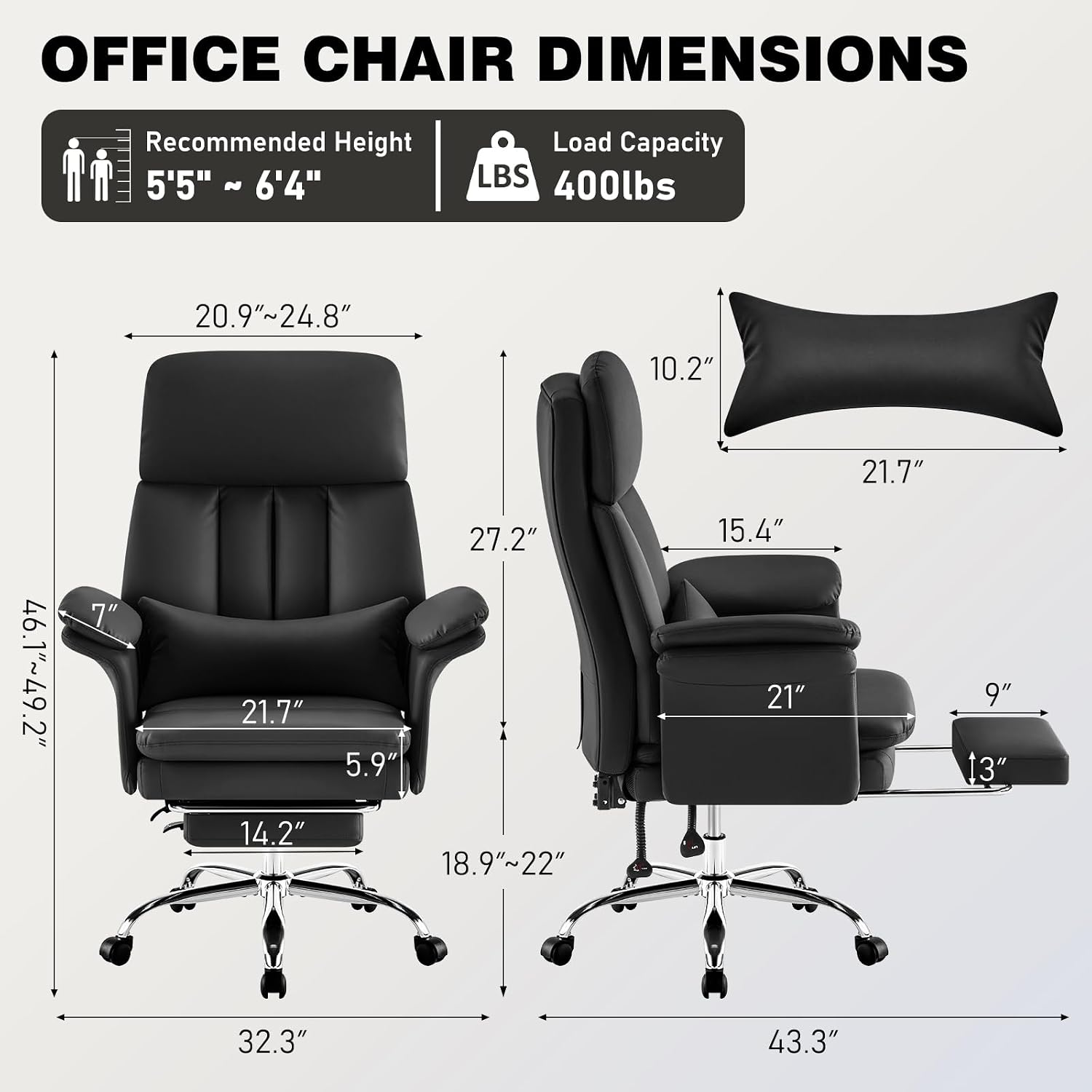 Leather Home Office Chair with Footrest 400lbs, High Back Rolling Desk Chair with Lumbar Support Soft Armrests, Excutive Office Chairs with Wheels Height Adjustable Rocking Swivel Functions,Black