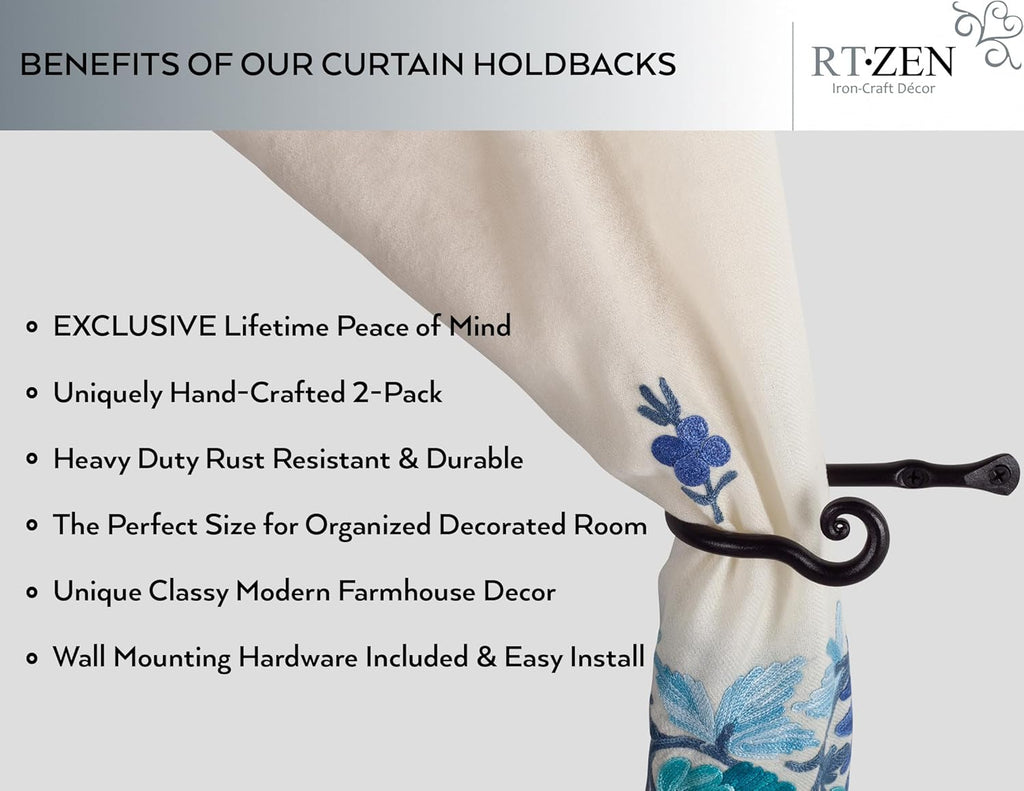 RTZEN Decorative Metal Curtain Tiebacks - Farmhouse Wrought Iron Curtain Holdbacks - Drapery Holders for Wall - Unique Metal Tie Backs for Curtains - 2 Pcs (Black Classic)