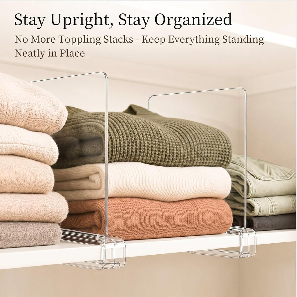 SortNStore Shelf Dividers Purse Organizer for Closet: 8-Pack Acrylic Bag Storage Organizer for Handbags, Clutches, Clothes, Sweater, Towel on Wood Shelves