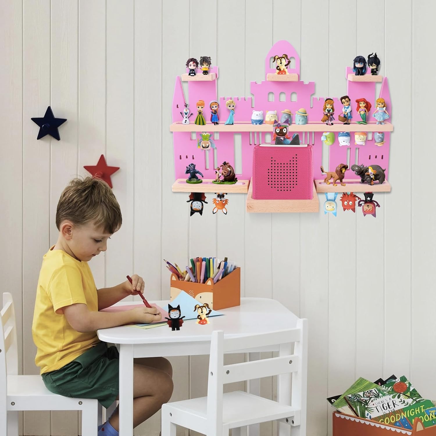 Givilio Tonie Shelf Castle for Toniebox,Wall Mounted Tonie Shelf Set,Tonie Figures Tonie Storage,Magnetic Wooden Floating Shelves Compatible with Toniebox for Kids Room (Pink)