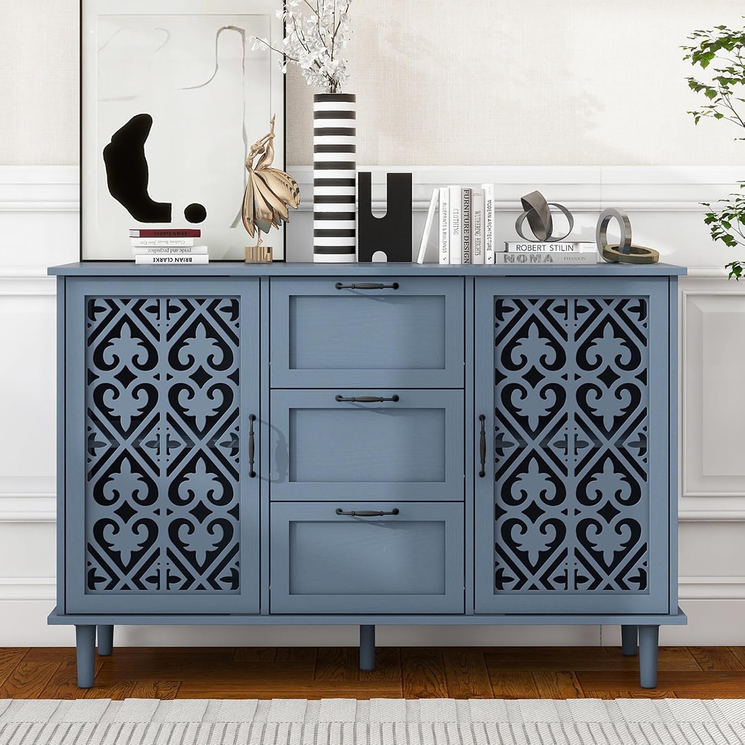 Sideboard Buffet Cabinet, American Farmhouse Blue 2 Door 3 Drawer Storage Credenza, Hollow Carved, Living Room Entryway Kitchen Dining Room Console Table, Home Furniture Decor