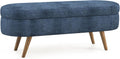 Oval Storage Ottoman Bench, Linen Upholstered Hidden Storage Footstool, Multi-Functional End of Bed Bench for Entryway Living Room Bedroom, Modern Home Decor Furniture (Dark Blue)
