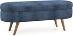 Oval Storage Ottoman Bench, Linen Upholstered Hidden Storage Footstool, Multi-Functional End of Bed Bench for Entryway Living Room Bedroom, Modern Home Decor Furniture (Dark Blue)