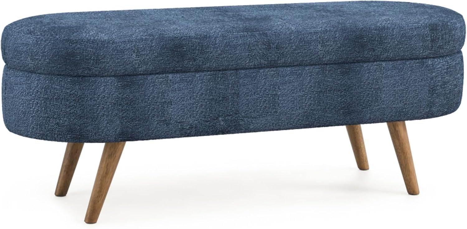 Oval Storage Ottoman Bench, Linen Upholstered Hidden Storage Footstool, Multi-Functional End of Bed Bench for Entryway Living Room Bedroom, Modern Home Decor Furniture (Dark Blue)