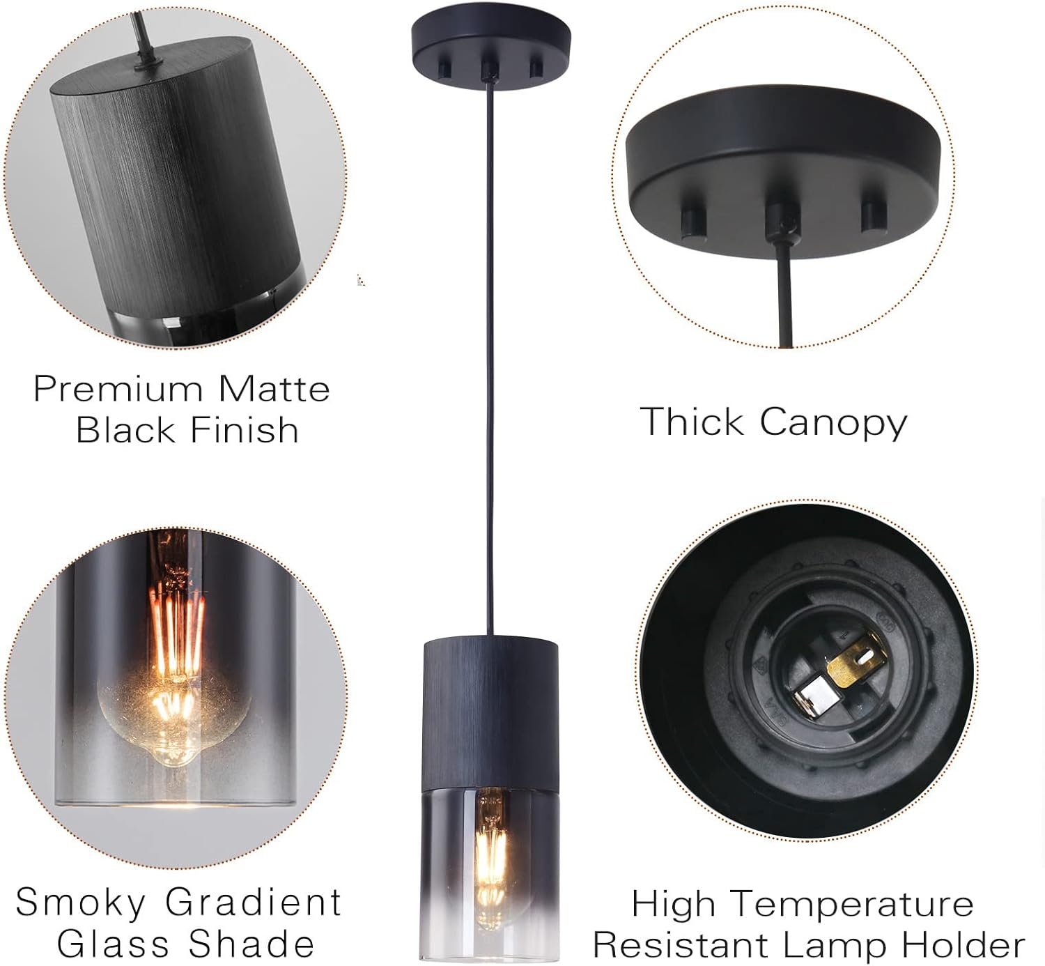 3-Pack Black Pendant Light Fixtures, Adjustable Modern Pendant Lights for Kitchen Island, Industrial Glass Pendant Lights for Dining Table Hallway Bedroom Living Room