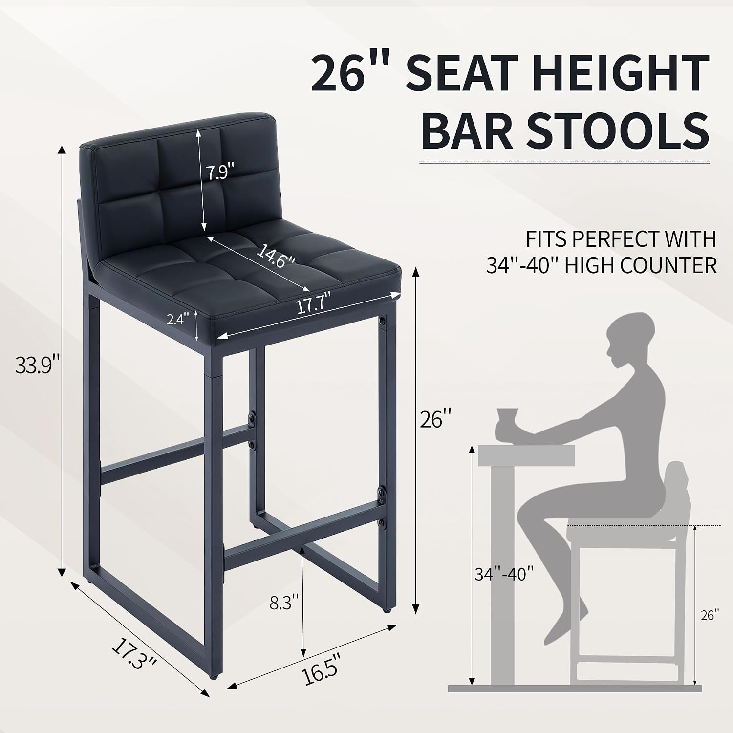 FIRAVOE Bar Stools Set of 4, PU Leather Counter Height Barstools with Low Back and Thickened Metal Legs, 26 Inch Modern Island Chairs for Kitchen Island, Bar, Counter (Black, 4Pcs 26" Counter Stools)