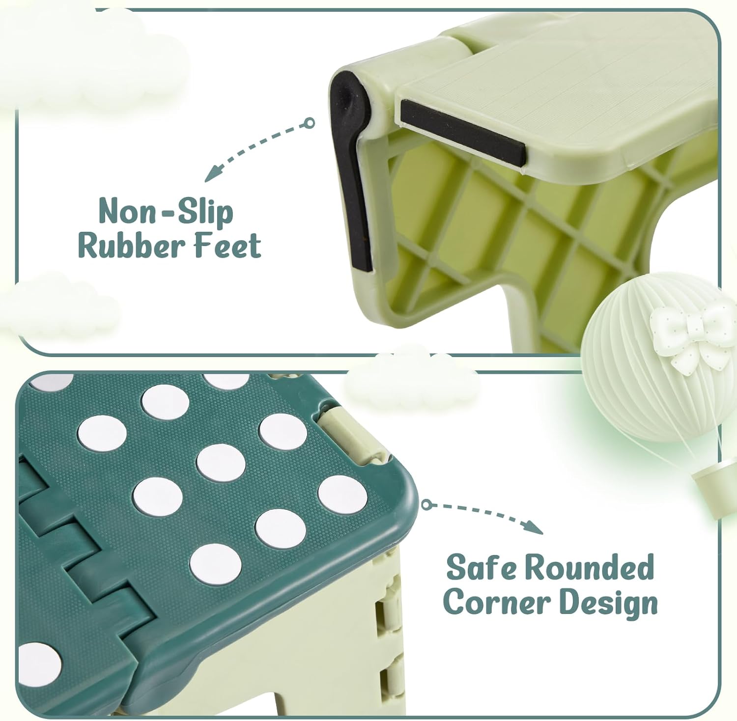 ACSTEP 9 Inch Folding Step Stool 300 LB Capacity Plastic Foldable Step Stools for Kids and Adults, Folding Stool Suitable for Kitchen, Stepping Stool with Handle Bicolor Green Small Step Stool 1PC