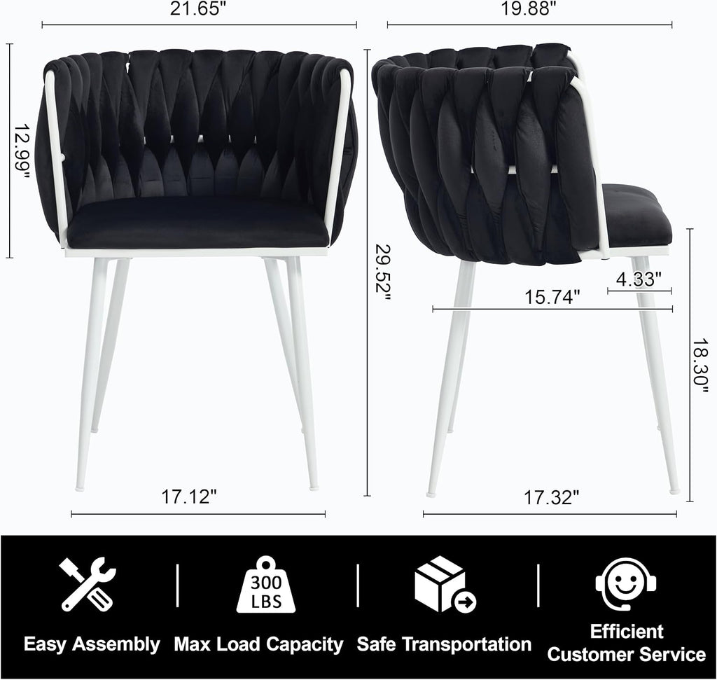 Velvet Dining Chairs Set of 4, Woven Upholstered Side Chairs with White Metal Legs, Modern Accent Chairs Kitchen & Dining Room Chair for Bedroom Living Room (Black + White Legs, Set of 4)